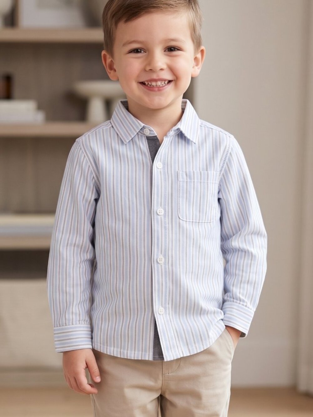 NWOT The Childrens Place Boys Blue Grey Striped Long Sleeve Button Up Shirt | 4y